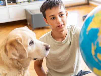 A young boy in a classroom points to a globe, engaging in an animal-assisted intervention with a Golden Retriever