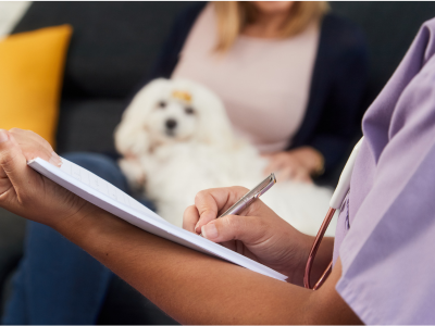 A healthcare professional takes notes on a notepad with a woman and a small white therapy dog sit behind her.