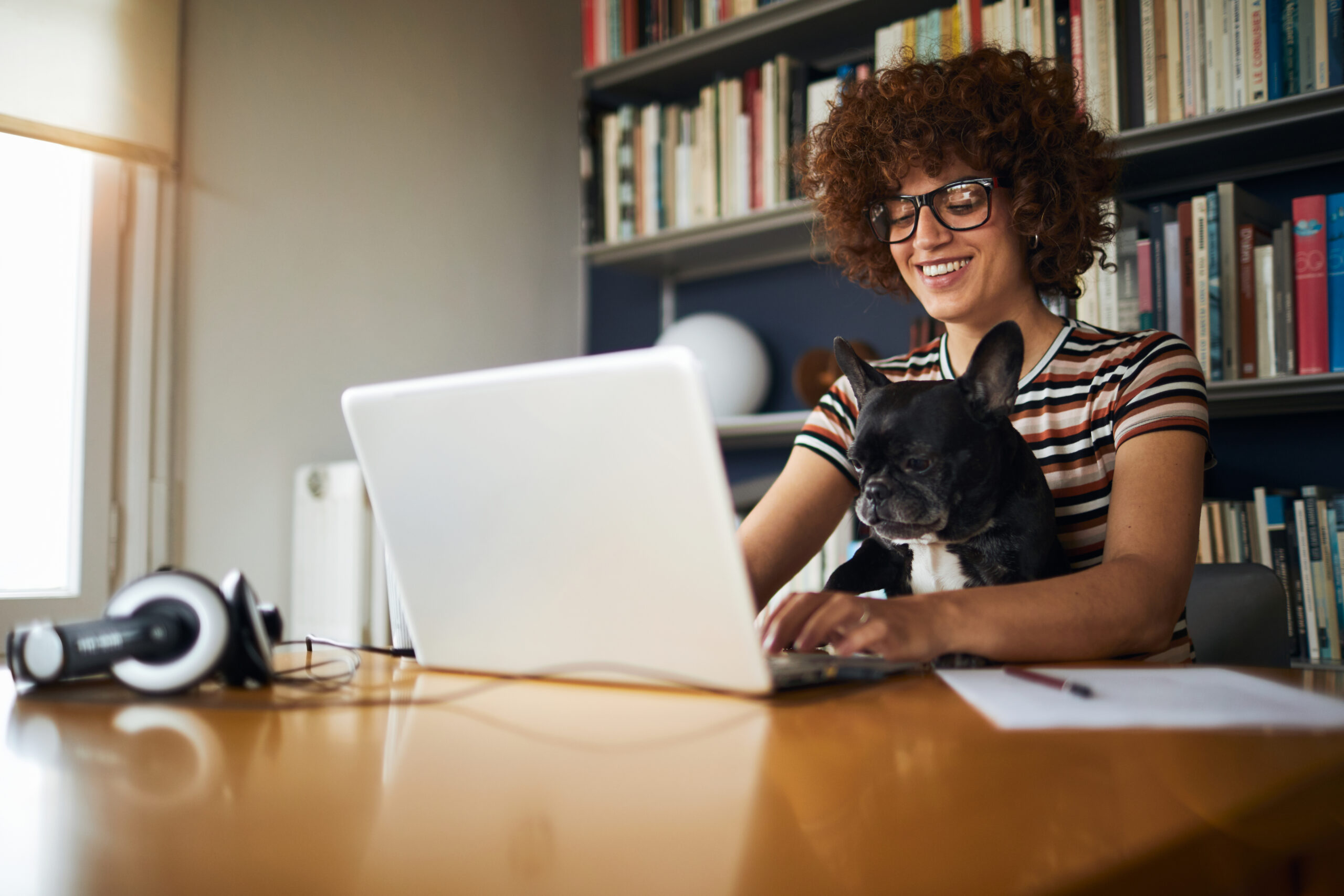 AAI professional types on her laptop with her therapy dog in her lap