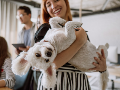 Woman holds small white dog upside down in her arms in her workplace