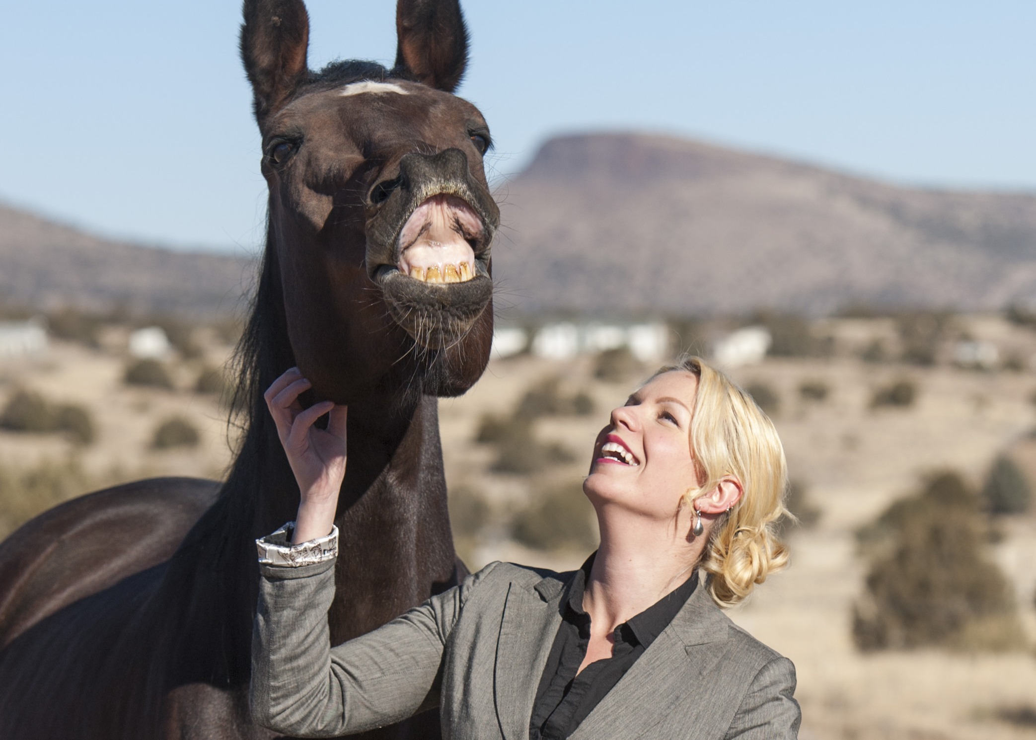 Woman pets a smiling therapy horse in the desert